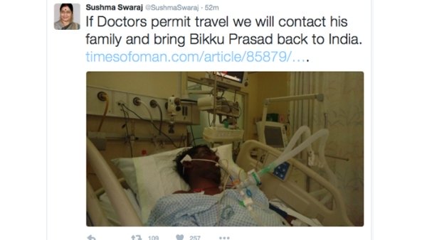 India’s Minister of External Affairs Sushma Swaraj steps in to help ailing worker in Oman