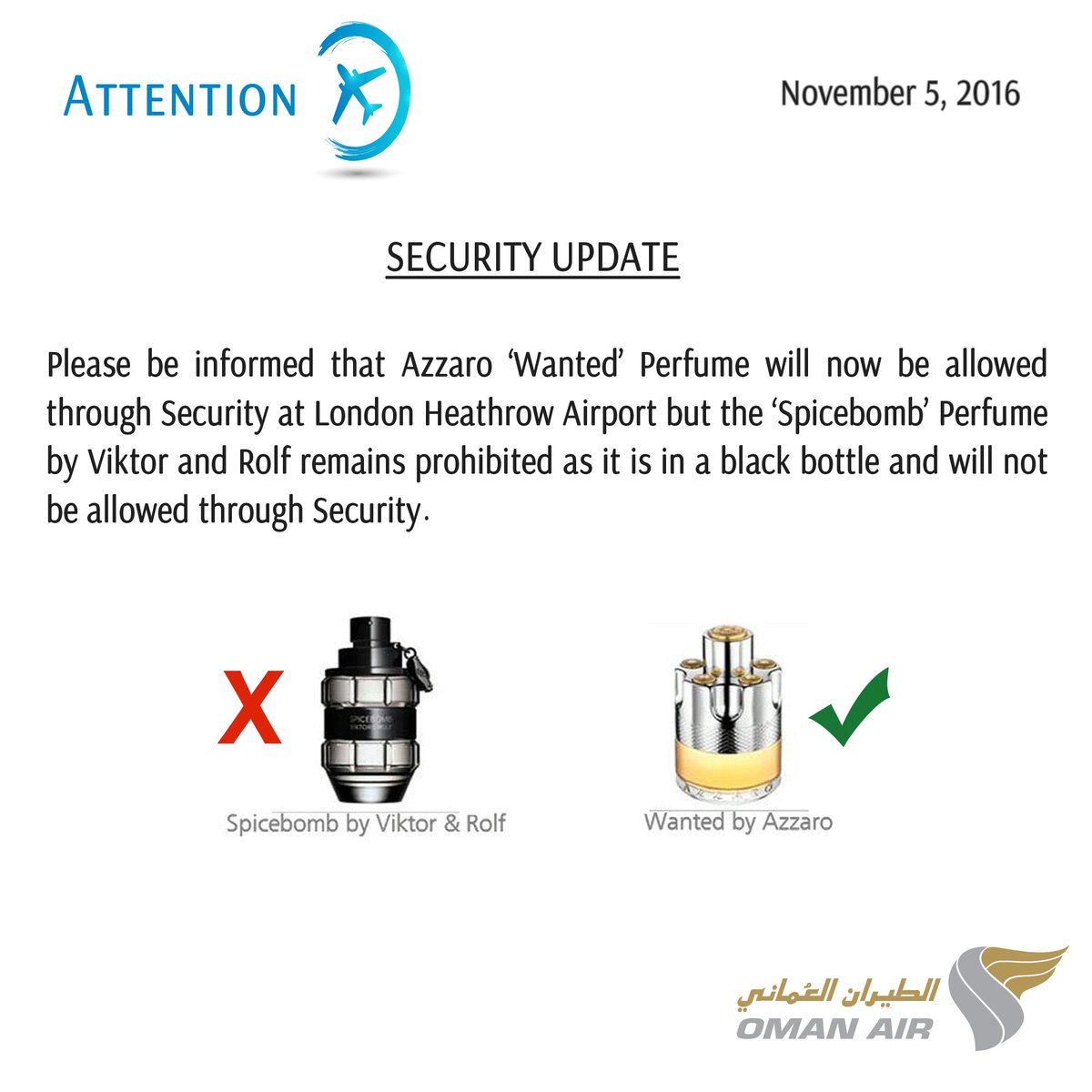 “Wanted” perfume can be carried to London, says Oman Air
