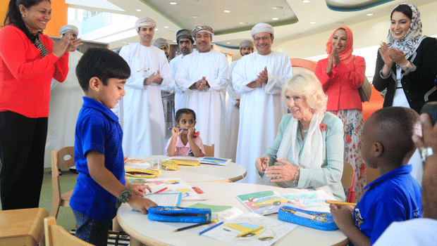 Duchess of Cornwall Camilla visits Let's Read bookshop in Oman