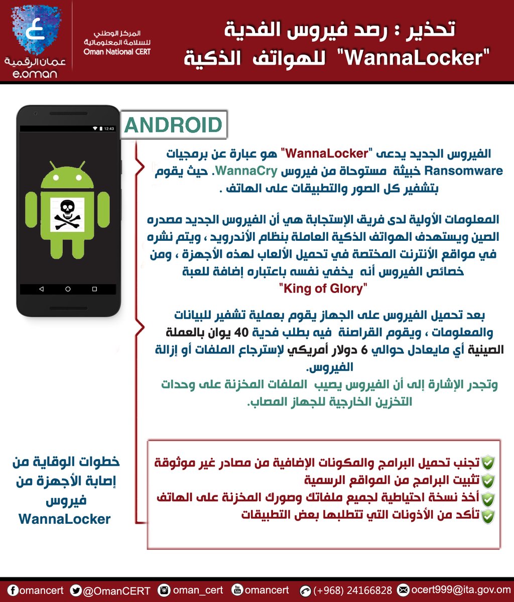 مركز السلامة المعلوماتية يحذر من فيروس "الفدية" للهواتف الذكية