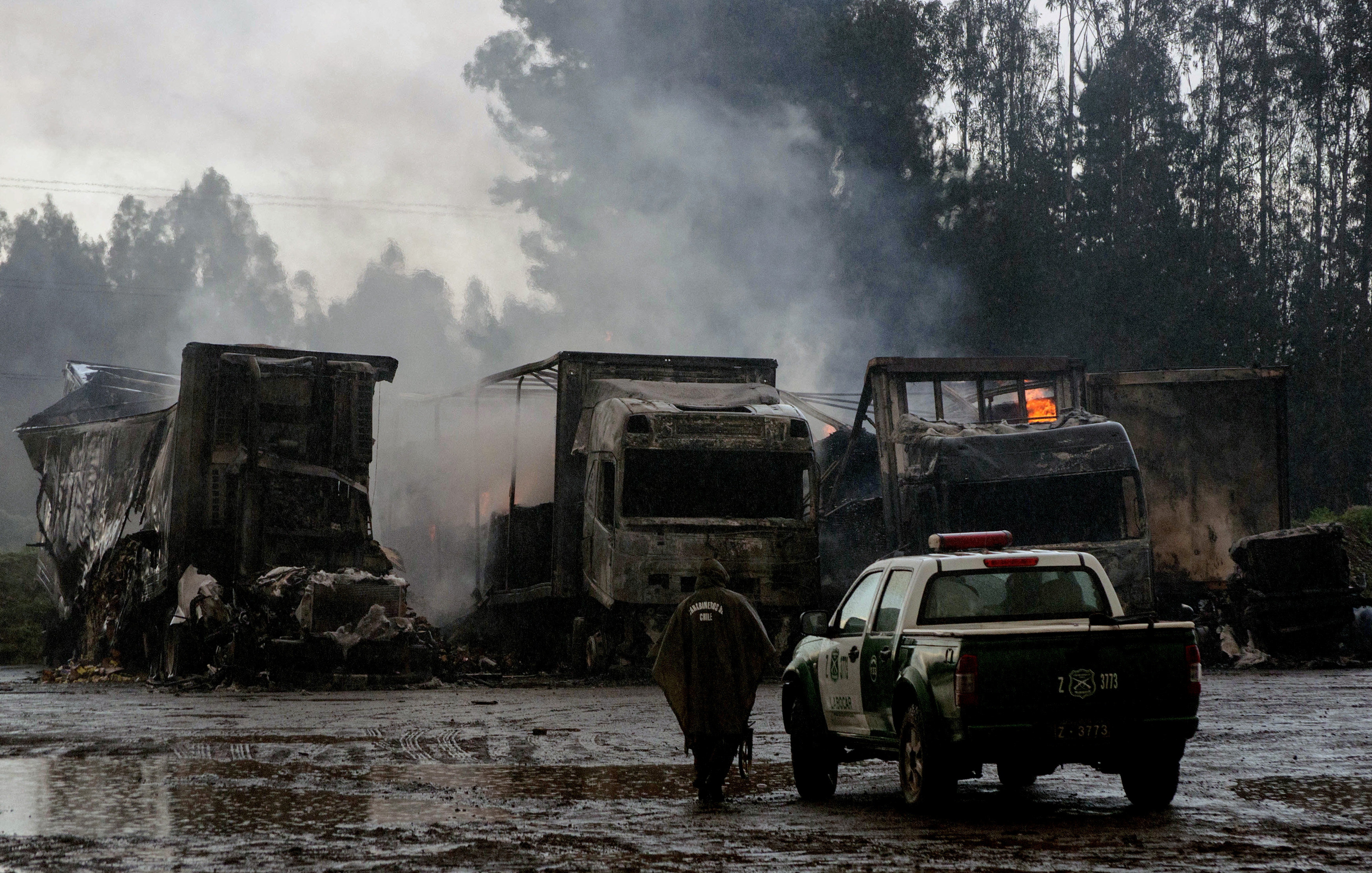 Eighteen semi trucks set on fire in southern Chile