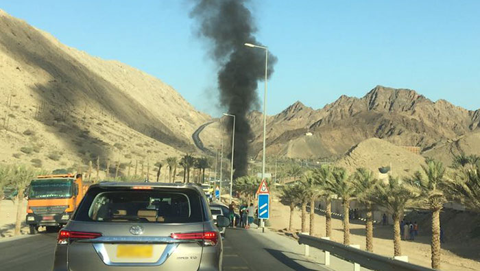 Emergency crews tackle blazing truck after accident in Muscat