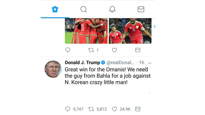 Did Trump tweet on Oman’s win over Bahrain?