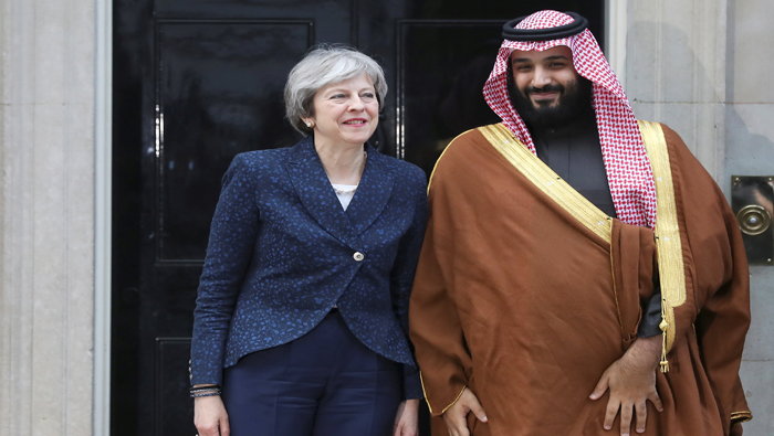 May defends Saudi ties as crown prince visits London