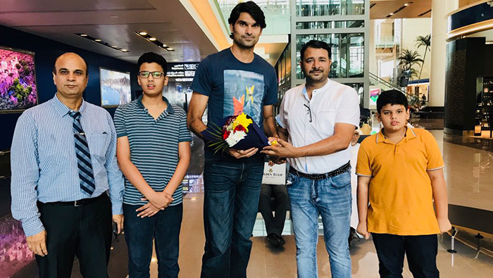 Pakistani cricketer Mohammad Irfan arrives in Muscat