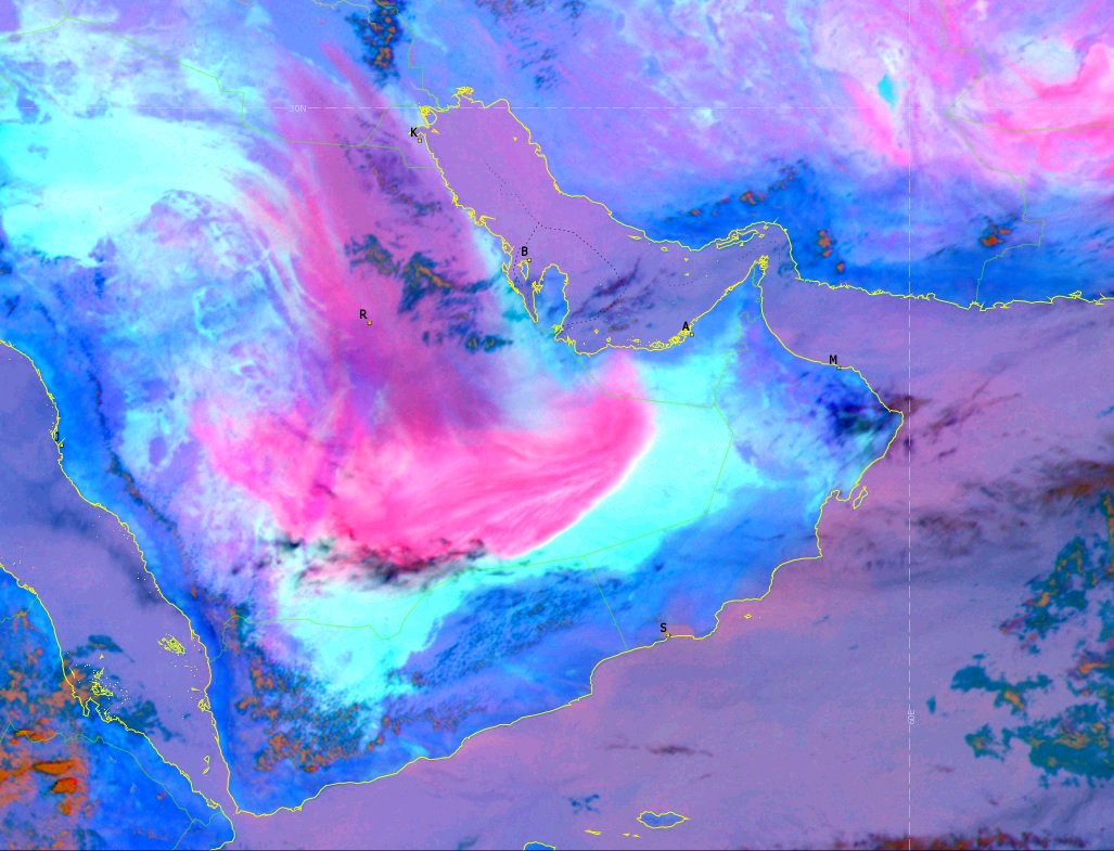 الأرصاد العمانية: تدفق غبار (باللون الوردي) في هذه المناطق