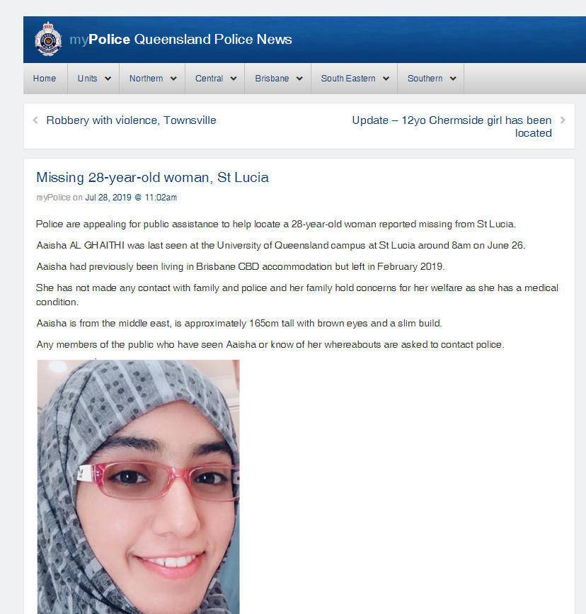 شرطة كوينزلاند تطلب المساعدة للعثور على الطالبة "عائشة الغيثية"
