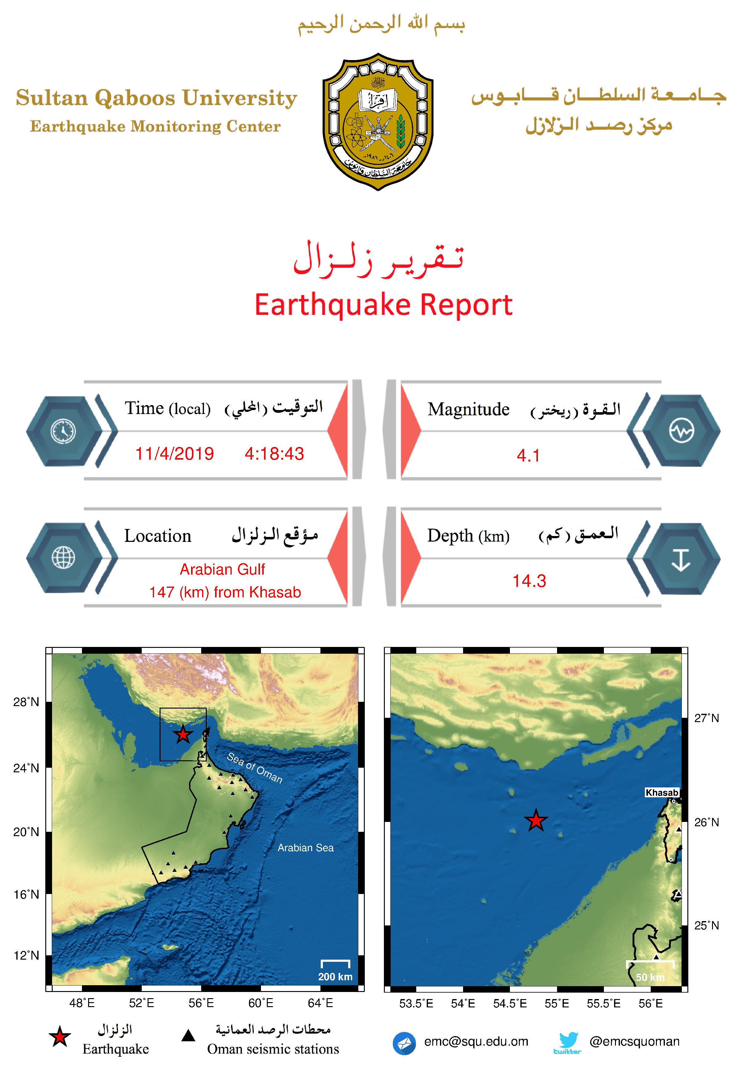 Earthquake reported 147 km from Khasab in Oman
