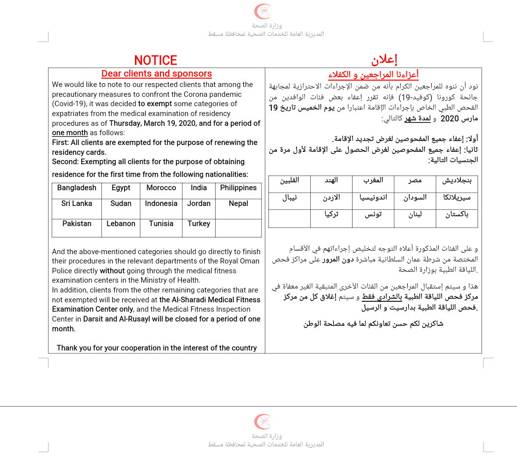 صحية مسقط تقرر إعفاء بعض الوافدين من الفحص الطبي الخاص بإجراءات الإقامة
