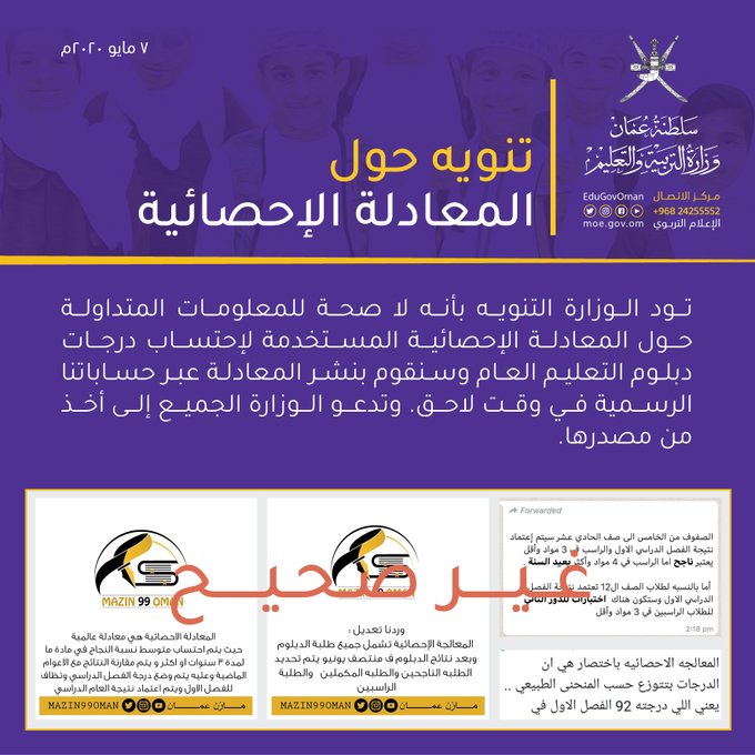 المعادلة الإحصائية المتداولة لإحتساب درجات "الدبلوم العام" غير صحيحة
