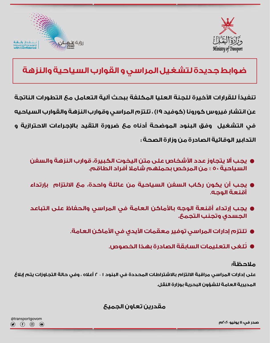 وزارة النقل توضح الضوابط  لتشغيل المراسي والقوارب السياحية والنزهة