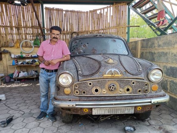 Indore man gives artistic touch to old Ambassador car by using scrap material