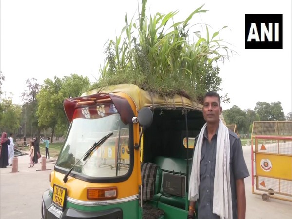 Auto rickshaw in India with plants atop gives message for environment protection