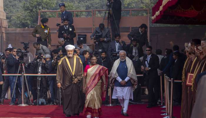 His Majesty accorded an official reception at Rashtrapati Bhavan Palace in New Delhi