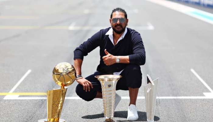 India legend Yuvraj Singh walks the Miami GP Grid with ICC Men’s T20 World Cup Trophy