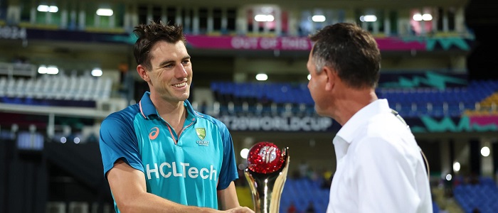 Australia great Ricky Ponting presents Pat Cummins ICC Men's Cricketer of the Year trophy in Antigua